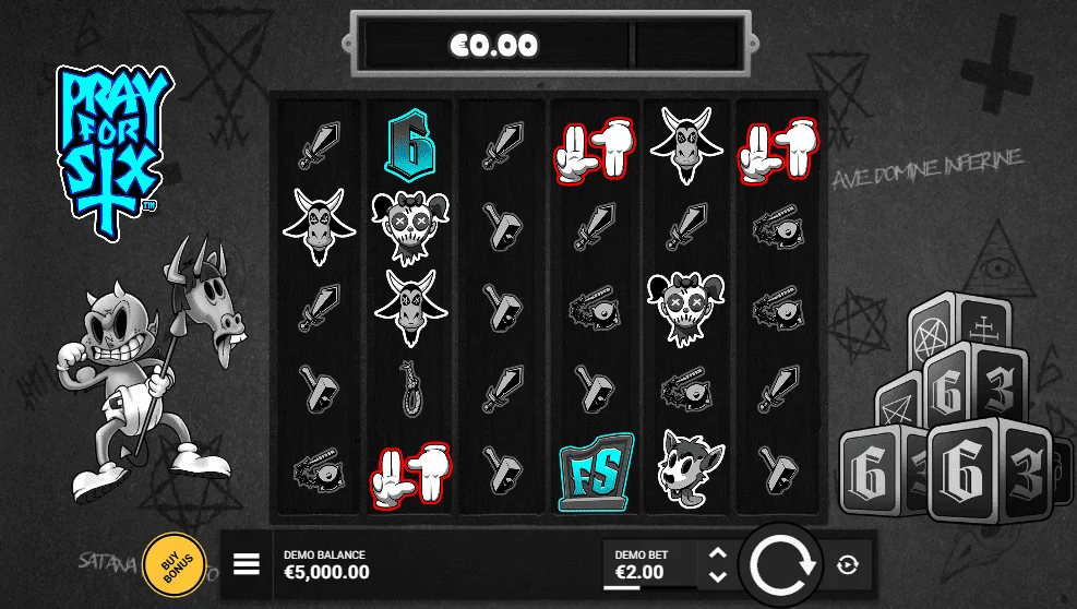 Pray for Six slot — 6x5 dark demonic grid with scatter pay symbols